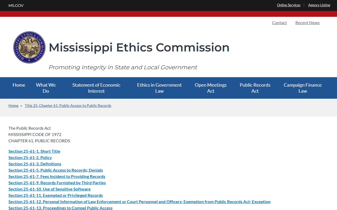 Wayne County public records request guide on the Mississippi Ethics Commission Public Records Act page