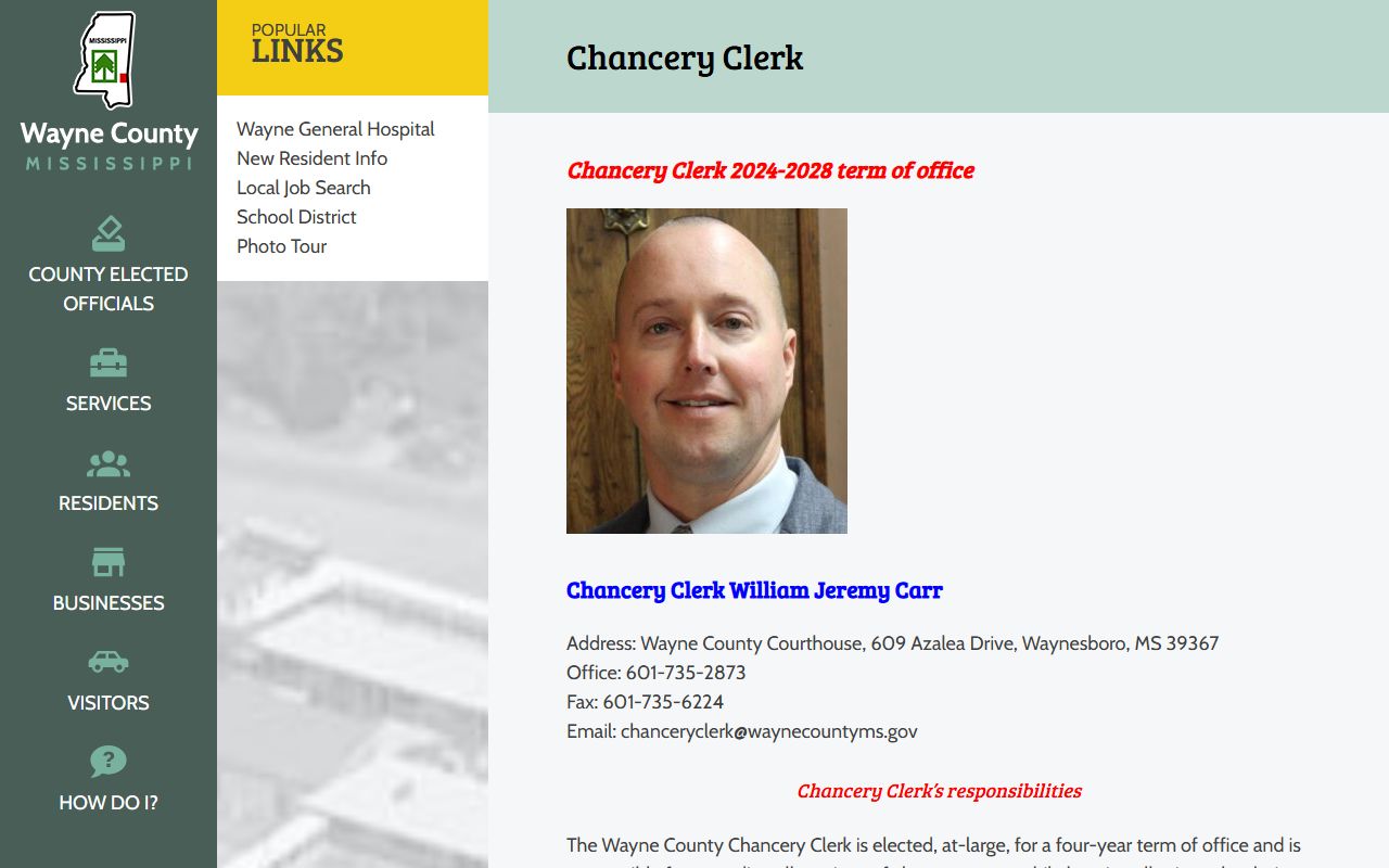 Wayne County Chancery Clerk office page for divorce, probate, and land records