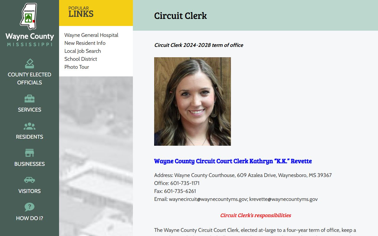Wayne County Circuit Clerk office page with contact and records duties
