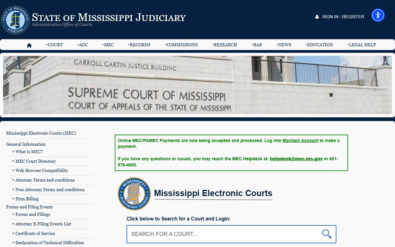 Mississippi Electronic Courts page for Wayne County case access