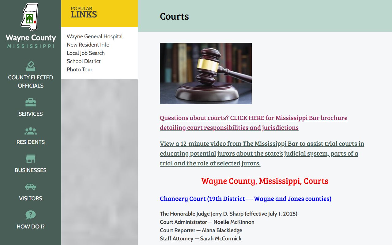 Wayne County courts page listing Chancery, Circuit, Justice, and Youth Court