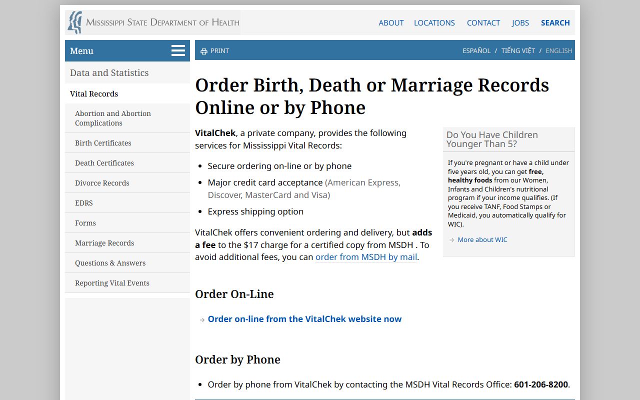 Wayne County marriage records ordered through MSDH online and phone services